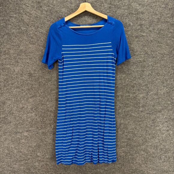 Dalia Dresses & Skirts - Dalia Dress Women S Small Blue Striped Shift Midi Short Sleeve Viscose Casual
